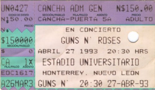 Boleto de Guns N' Roses en Monterrey 1993