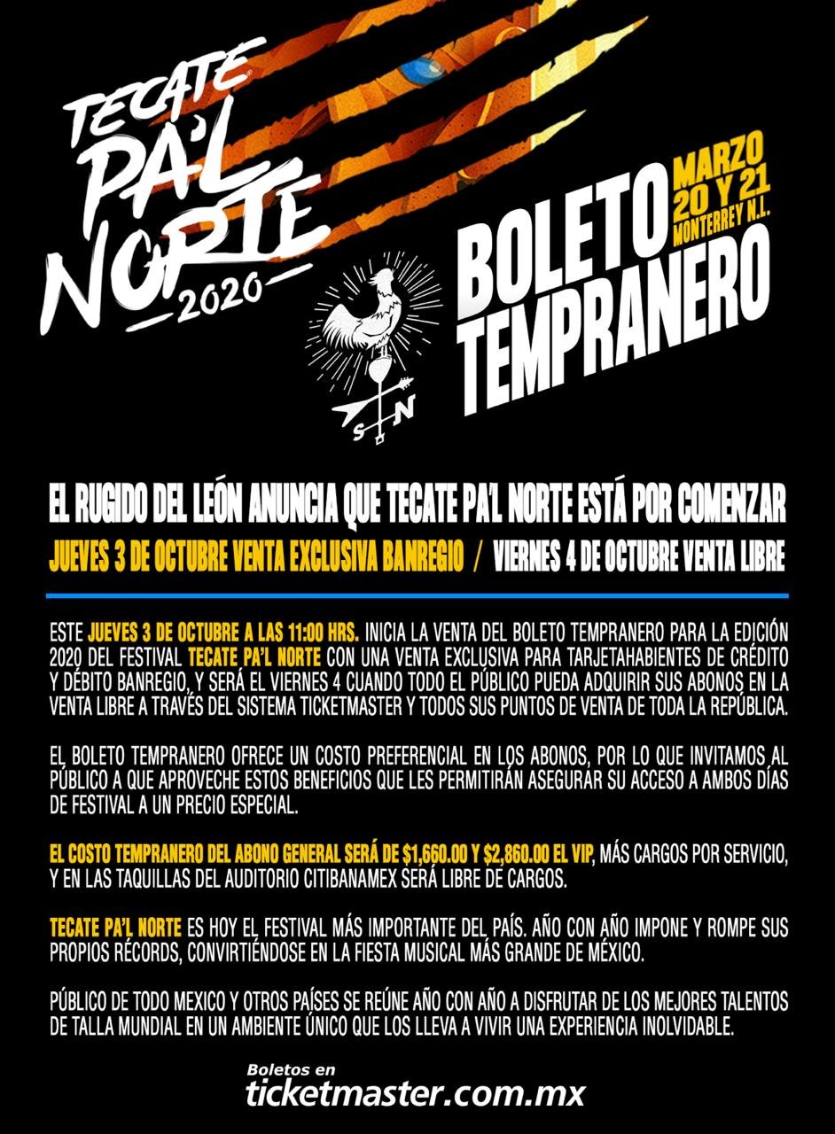 Boleto Tempranero tecate pal norte 2020 — Monterrey Rock