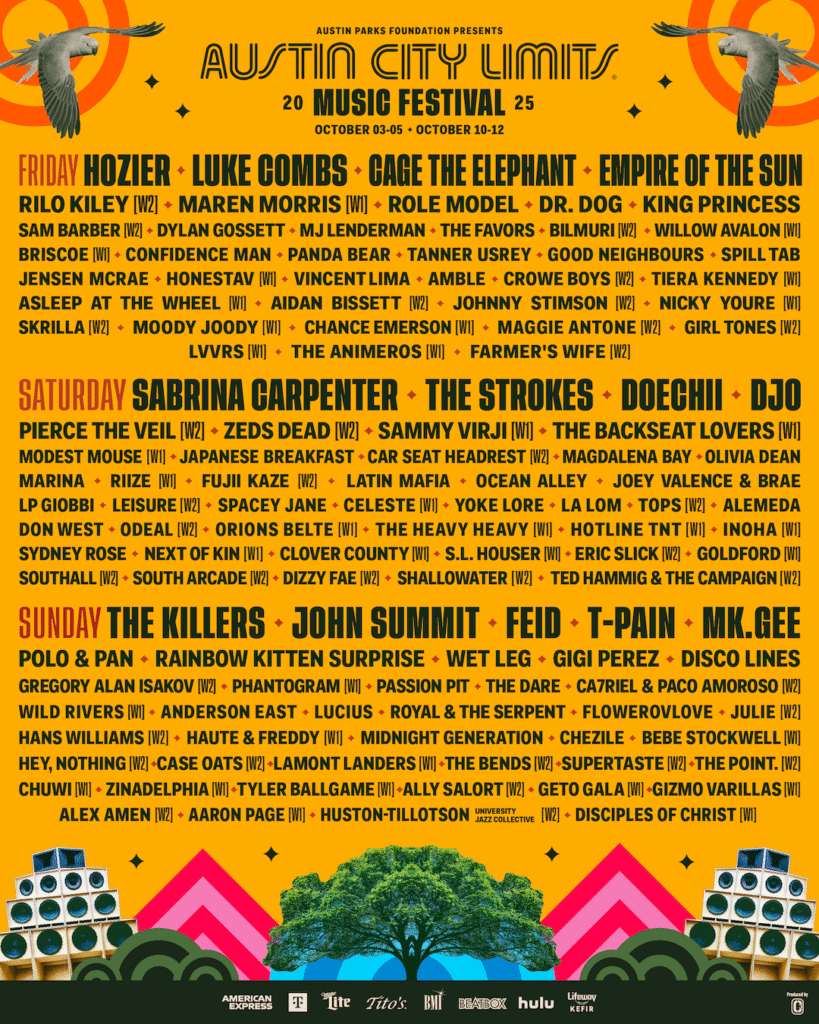 Cartel ACL Festival 2025 con Hozier, The Killers y The Strokes; Zilker Park, Austin.