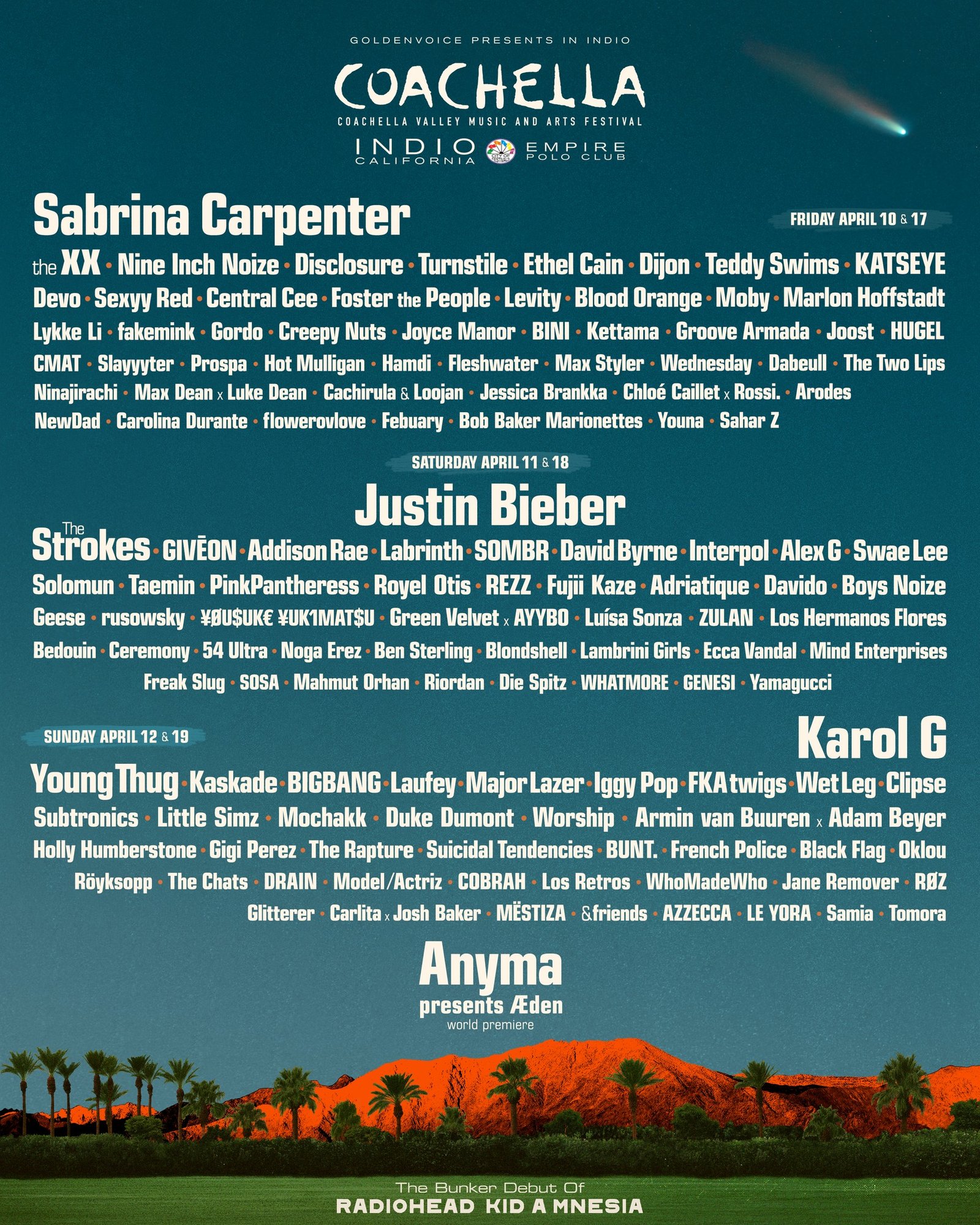 Cartel Oficial Coachella 2026 — Lineup completo