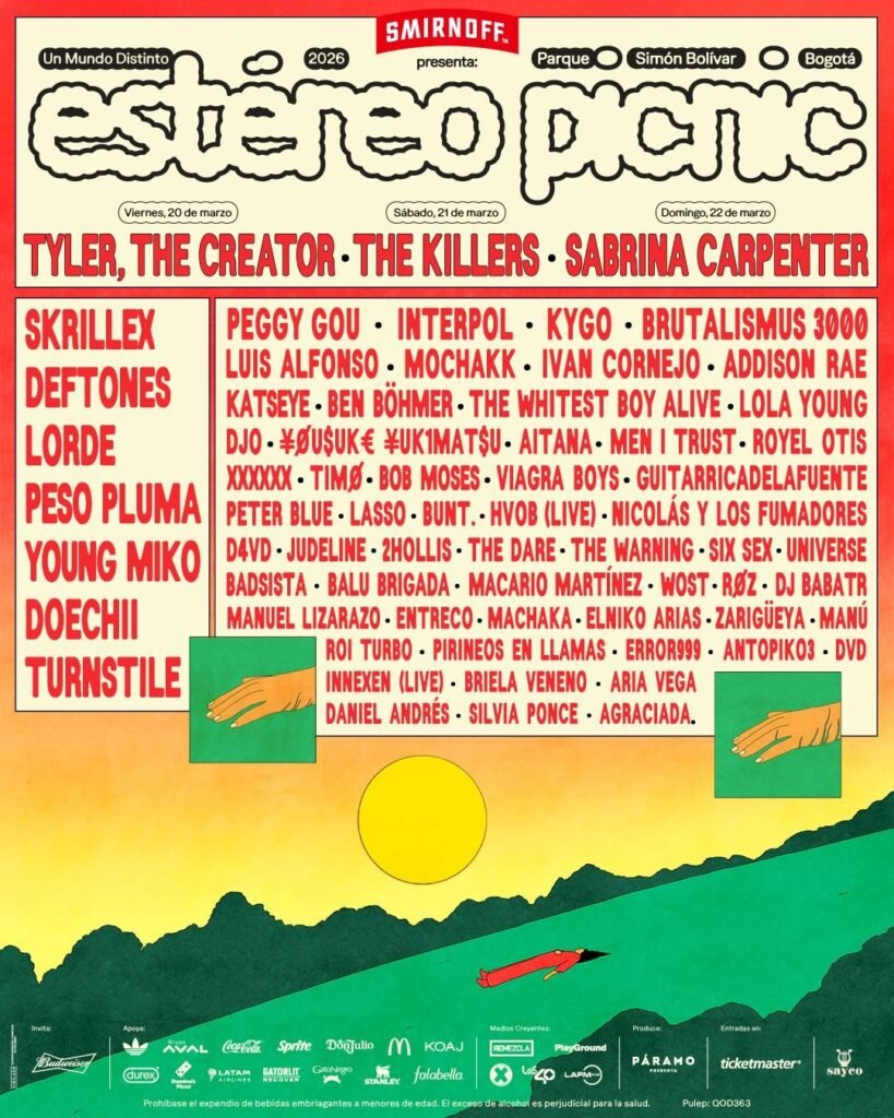 Cartel del festival Estereo Picnic 2026 con artistas como Tyler, The Creator, The Killers, Sabrina Carpenter, Skrillex y más