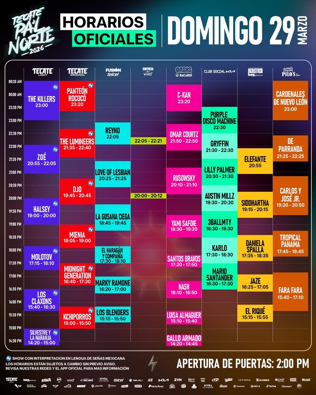 Horarios Domingo 29 Tecate Pal Norte 2026