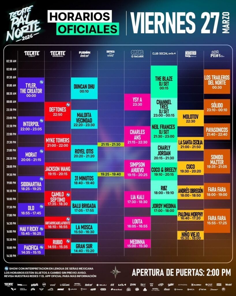 Horarios del viernes 27 de abril- Tecate Pal Norte 2026