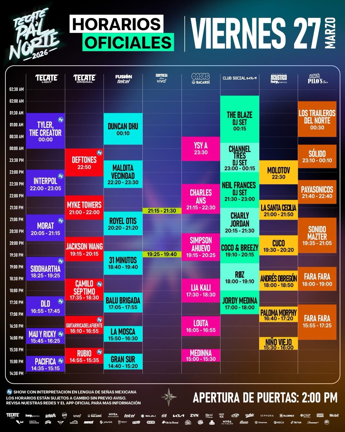 Horarios Viernes 27 Tecate Pal Norte 2026