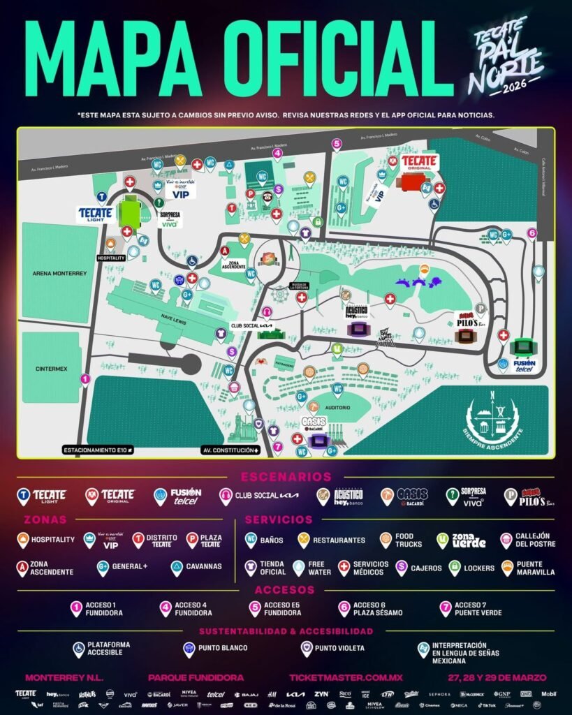 Mapa del Tecate Pa'l Norte 2026 en Parque Fundidora