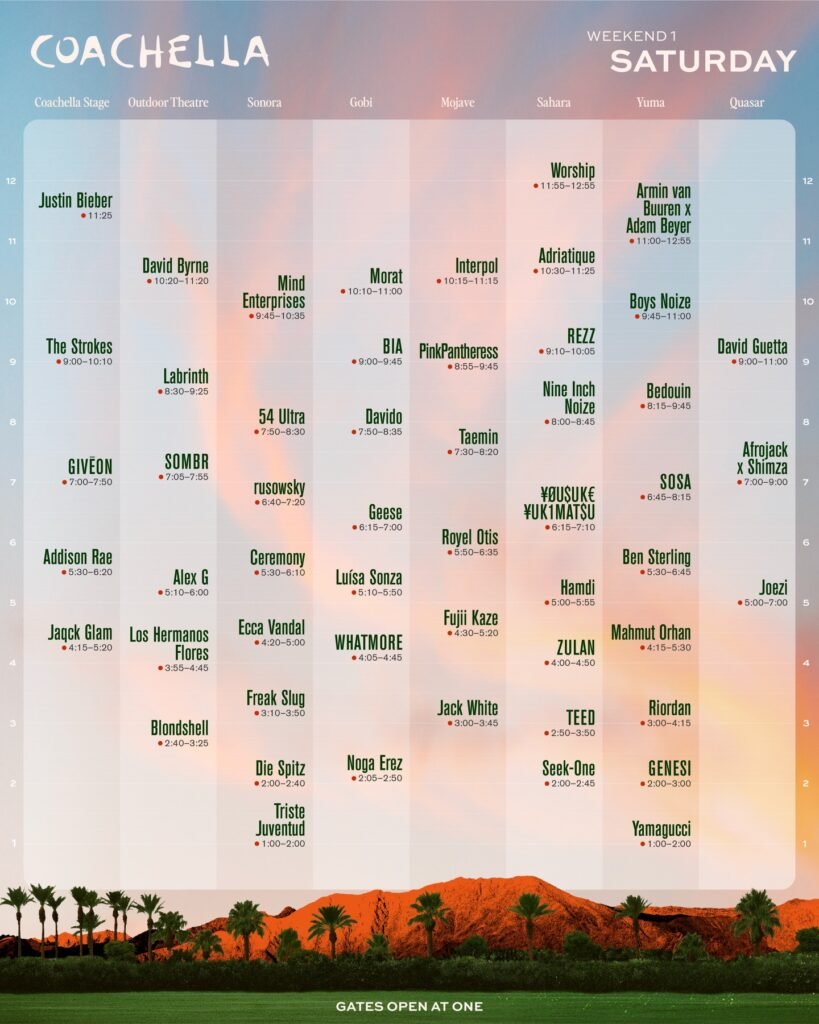 Coachella 2026, Horarios oficiales del Sábado