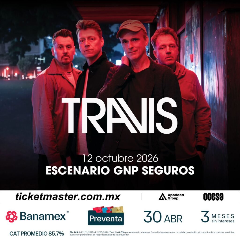Cartel oficial del concierto de Travis en Monterrey 2026, Escenario GNP Seguros.