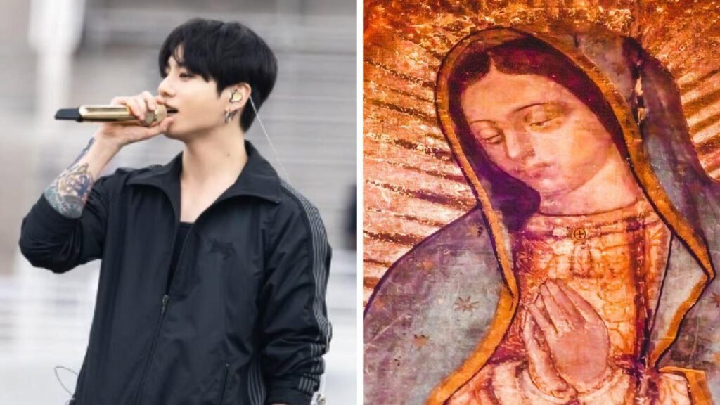 Jungkook, Suga y V de BTS con medallones de la Virgen de Guadalupe durante su visita a México
