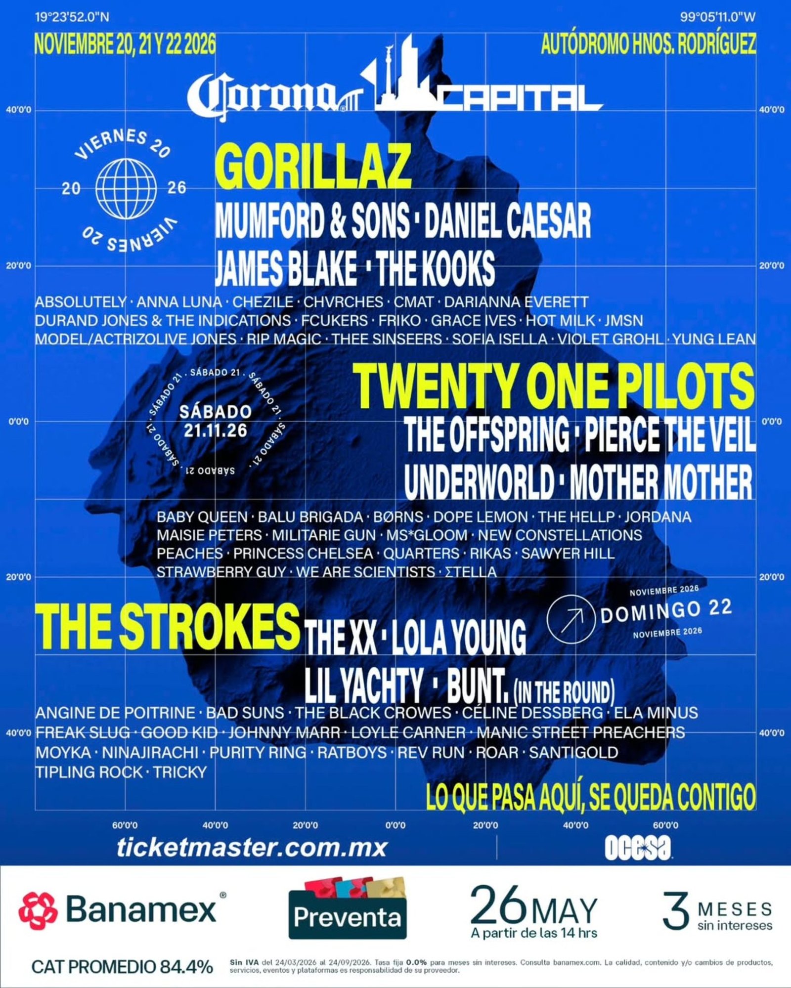Cartel Oficial Corona Capital 2026 — Lineup en Autódromo Hermanos Rodríguez, CDMX