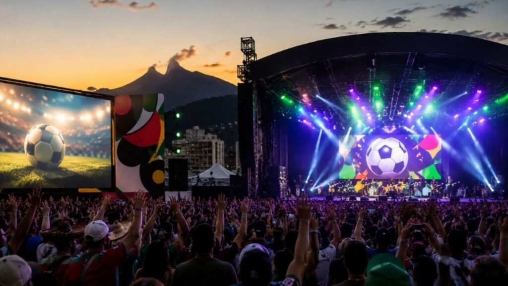 Escenario del FIFA Fan Fest en Parque Fundidora Monterrey durante el Mundial 2026 con artistas internacionales