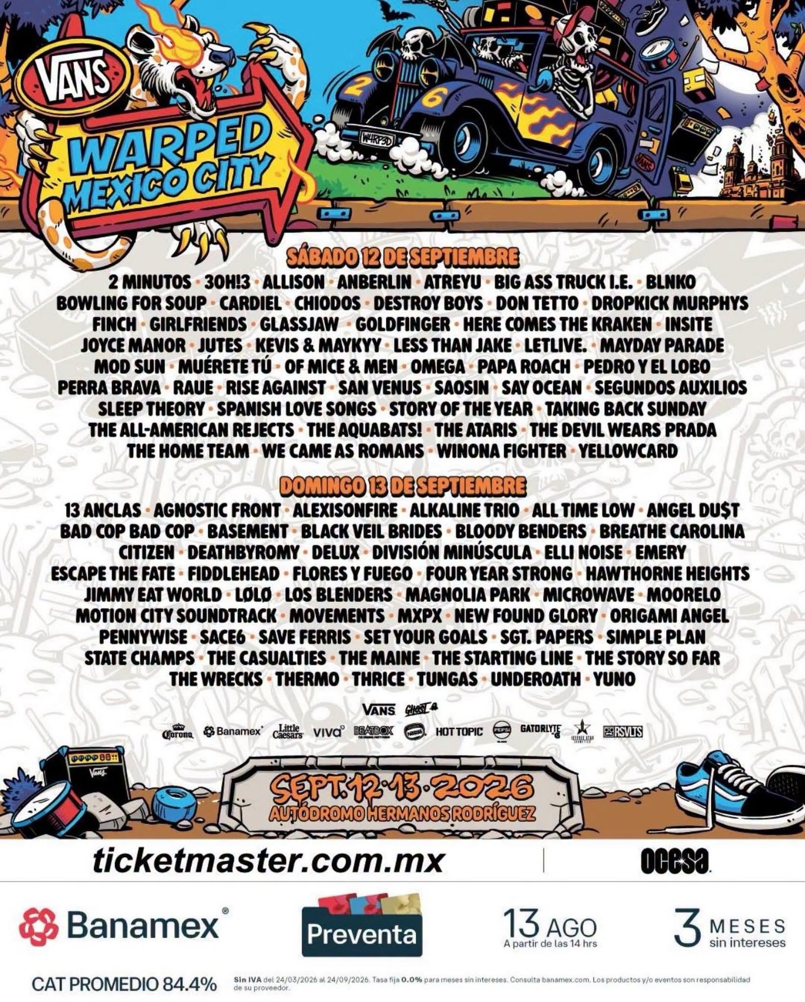 Cartel Oficial Vans Warped Tour México 2026 por día — Autódromo Hermanos Rodríguez, CDMX