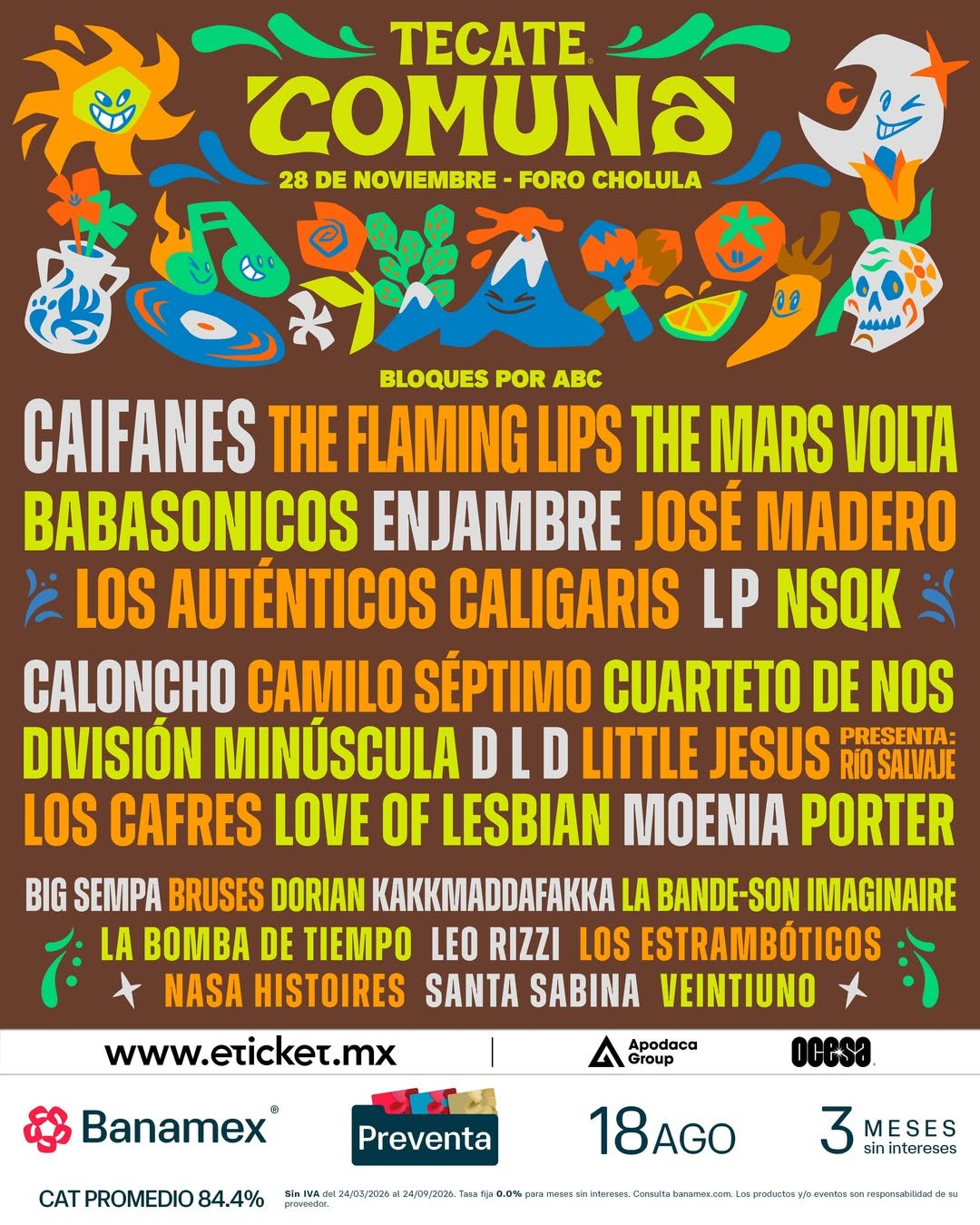 Cartel Oficial Tecate Comuna 2026 — Lineup en Foro Cholula, Puebla