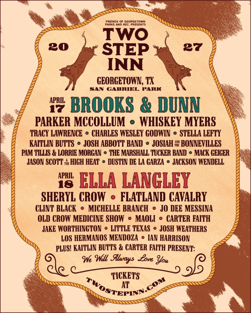 Cartel Oficial Two Step Inn 2027 — Lineup por día en San Gabriel Park, Georgetown, Texas