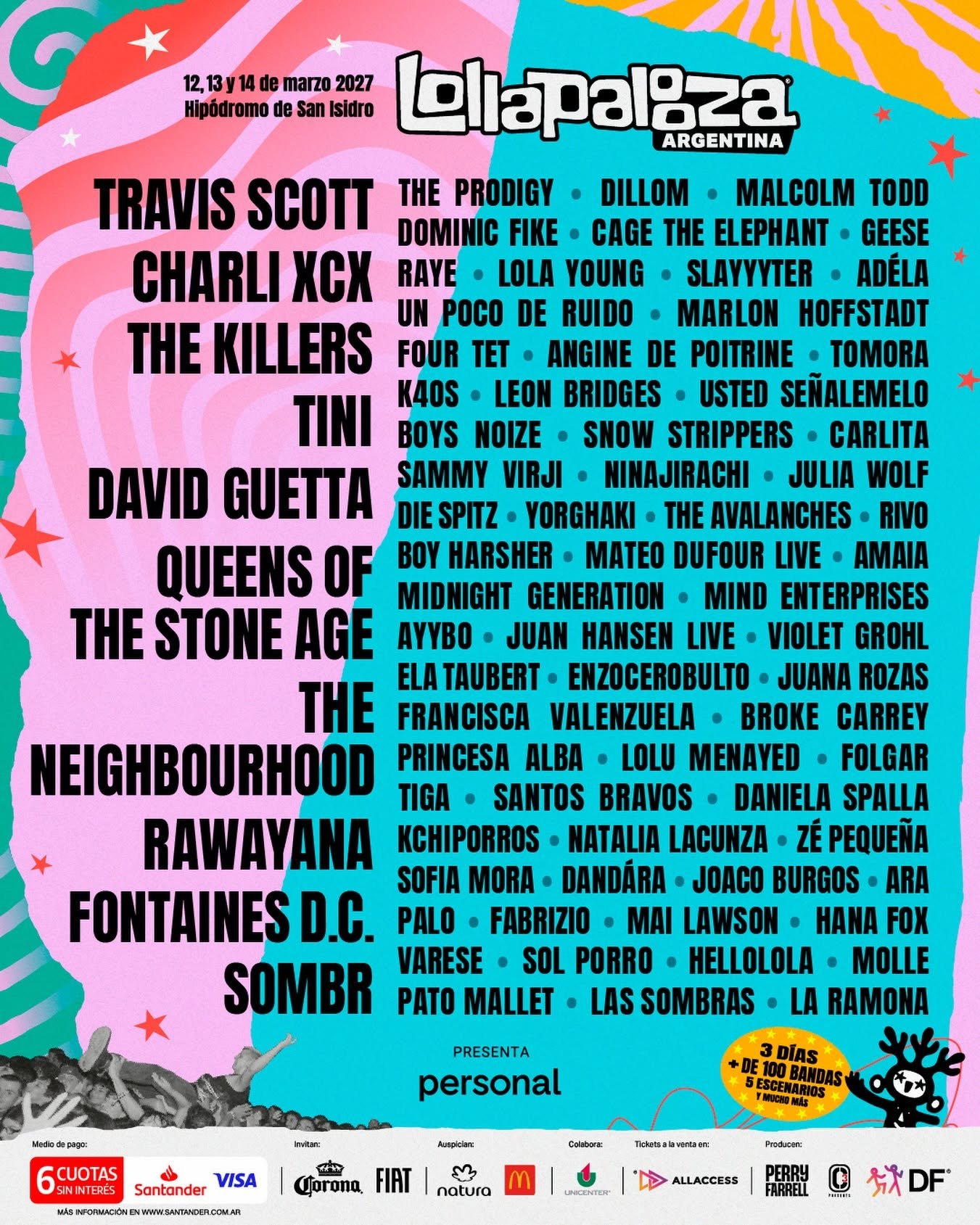 Cartel oficial Lollapalooza Argentina 2027 — 12, 13 y 14 de marzo en el Hipódromo de San Isidro