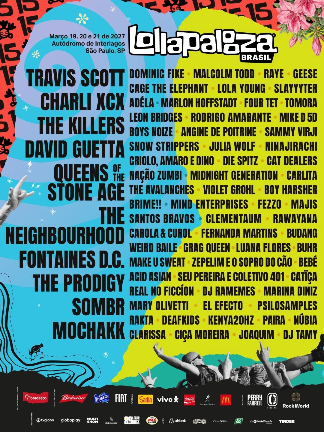 Cartel oficial Lollapalooza Brasil 2027 — 19, 20 y 21 de marzo en el Autódromo de Interlagos, São Paulo