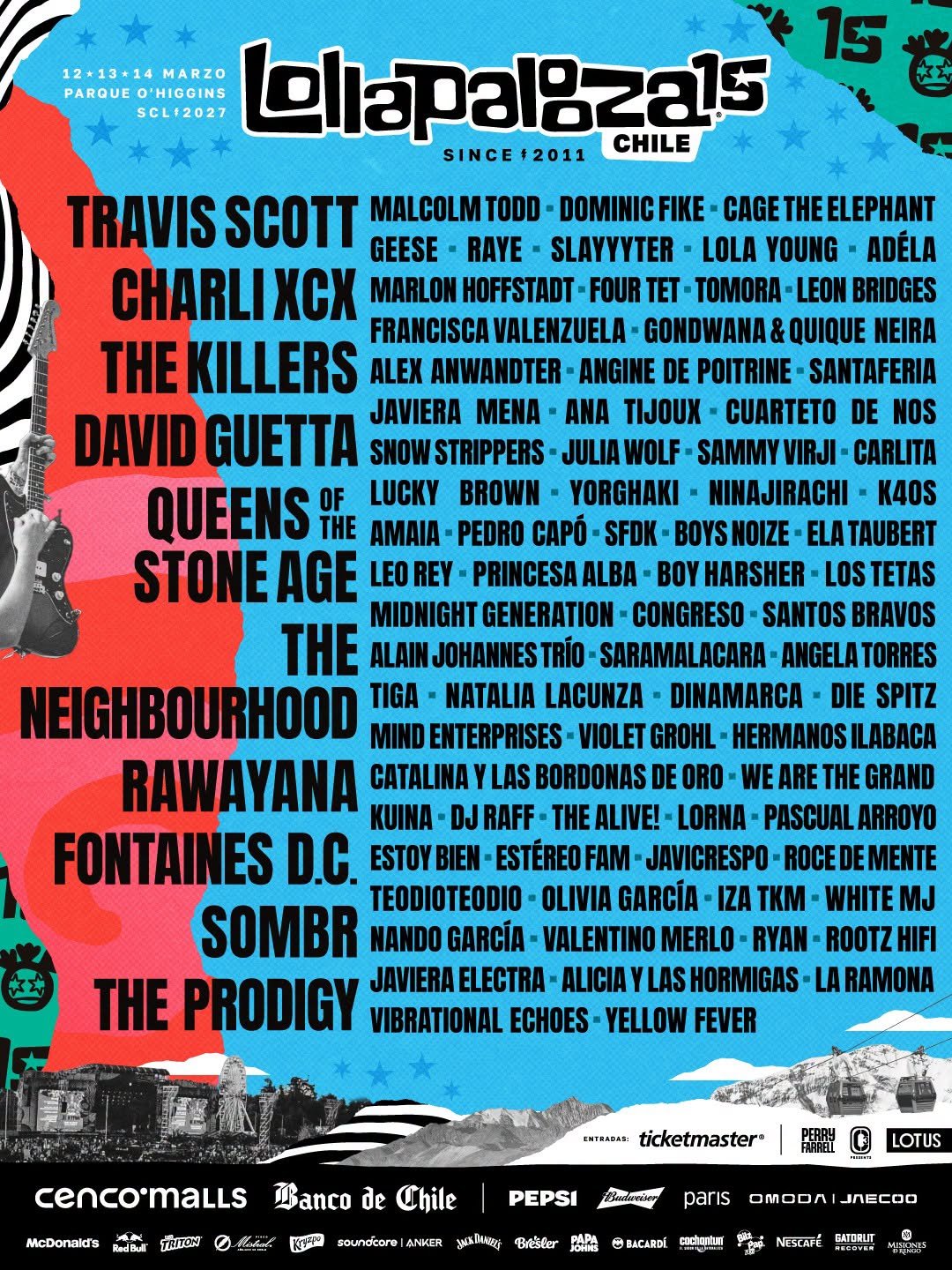 Cartel Oficial Lollapalooza Chile 2027 — 15 años, Lineup en Parque O'Higgins, Santiago